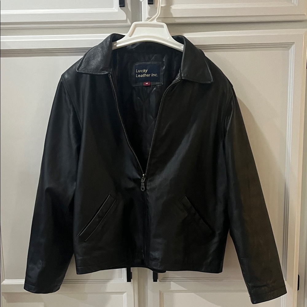 Mans Black Leather Jacket Medium - image 1